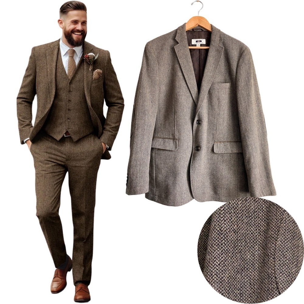 Joseph Abboud Tweed Herringbone Wool Blazer Sport Coat Jacket Brown Elbow Patch